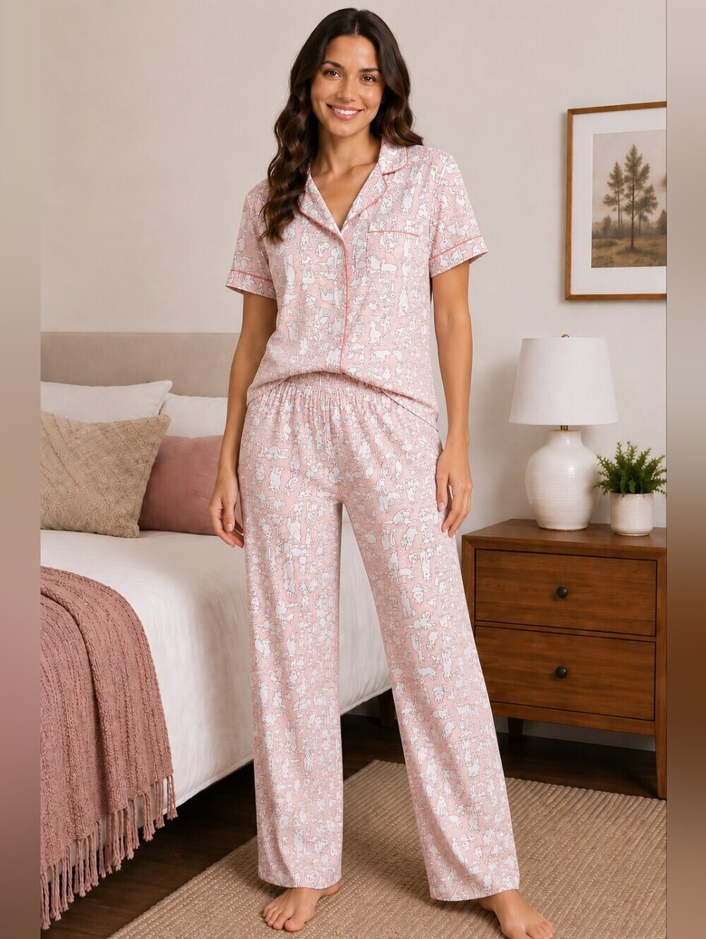 ED Women’s XL Pink Dog Print Pajama Set Button Front Top Pants PJs